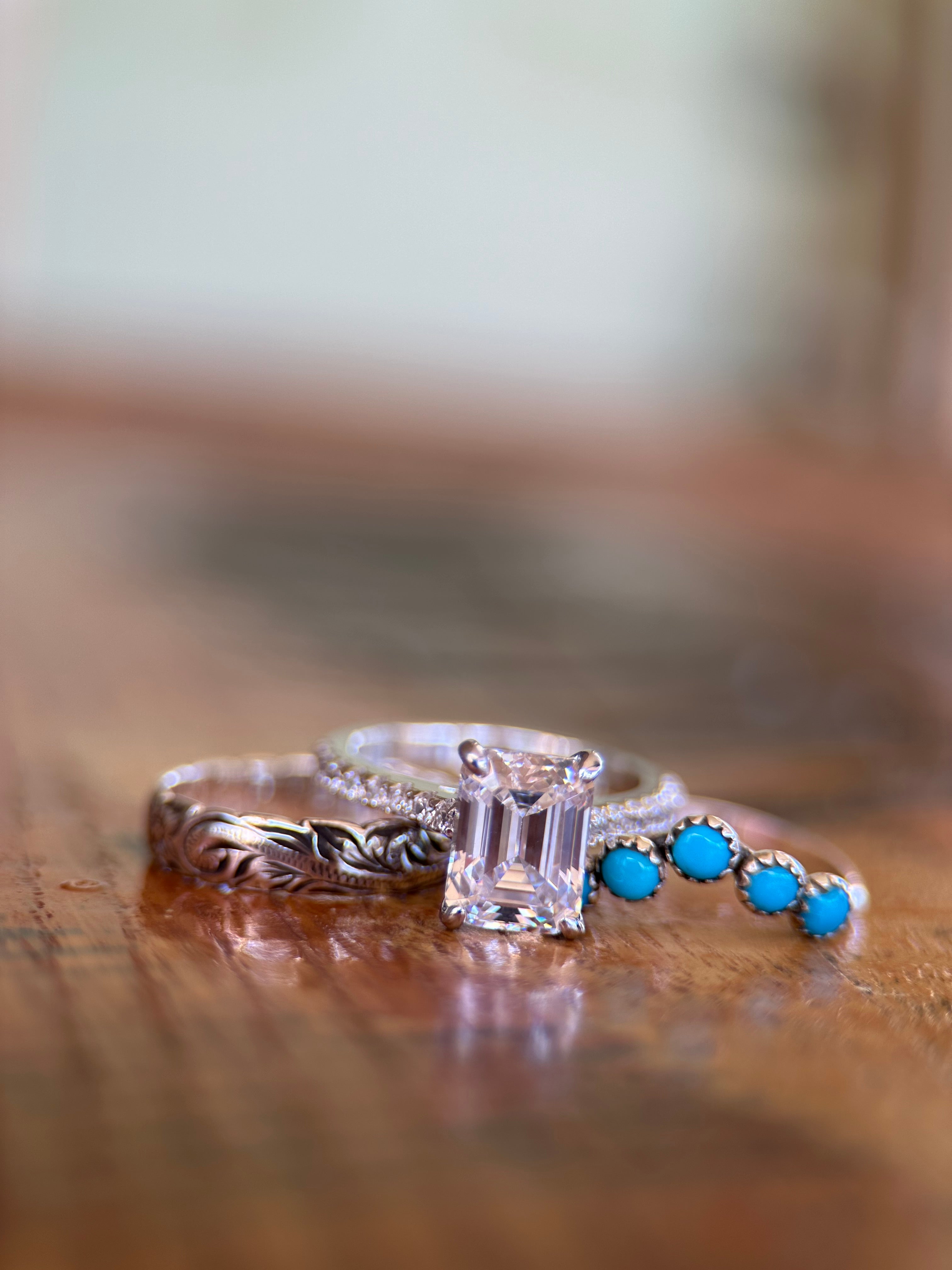 DIAMOND EMERALD CUT 14k WHITE GOLD SET.