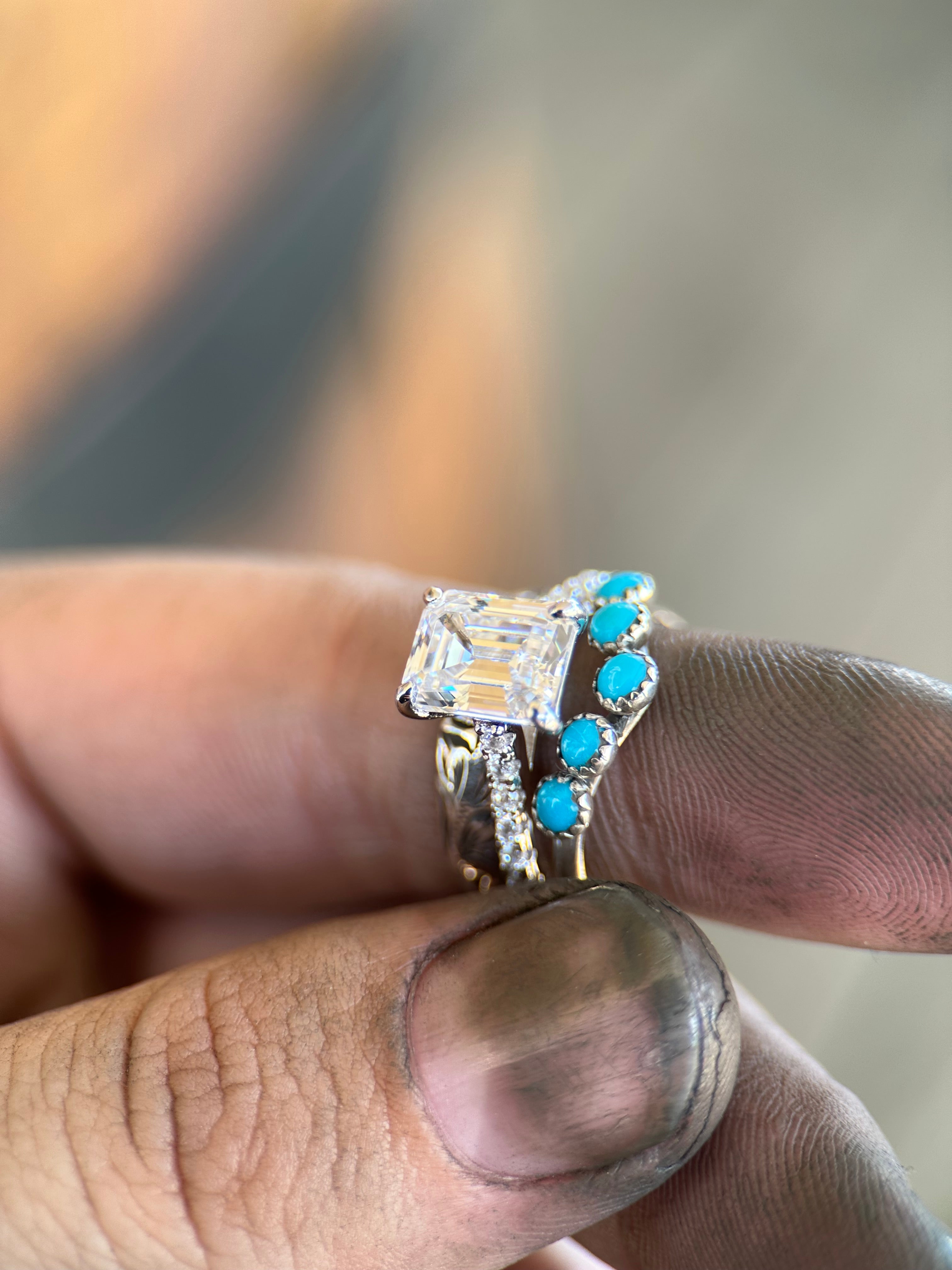 DIAMOND EMERALD CUT 14k WHITE GOLD SET.