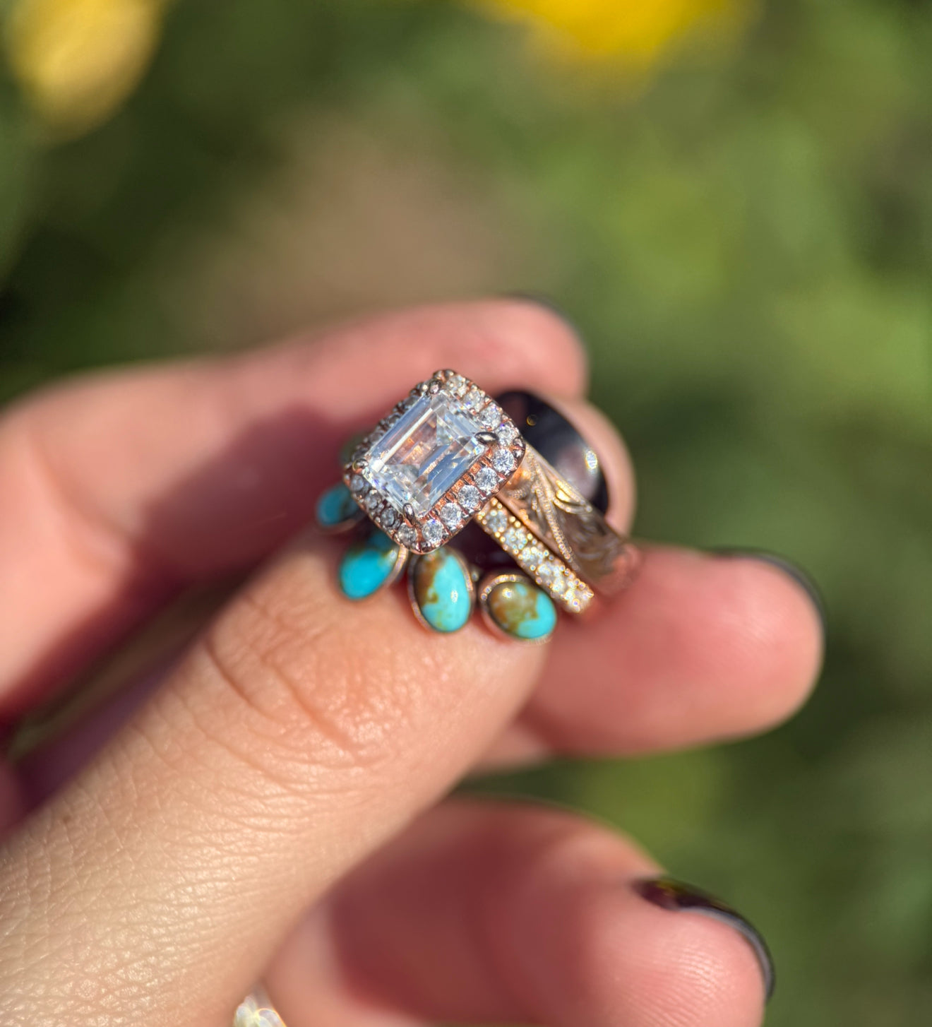 DIAMOND EMERALD HALO 14k ROSE GOLD SET.