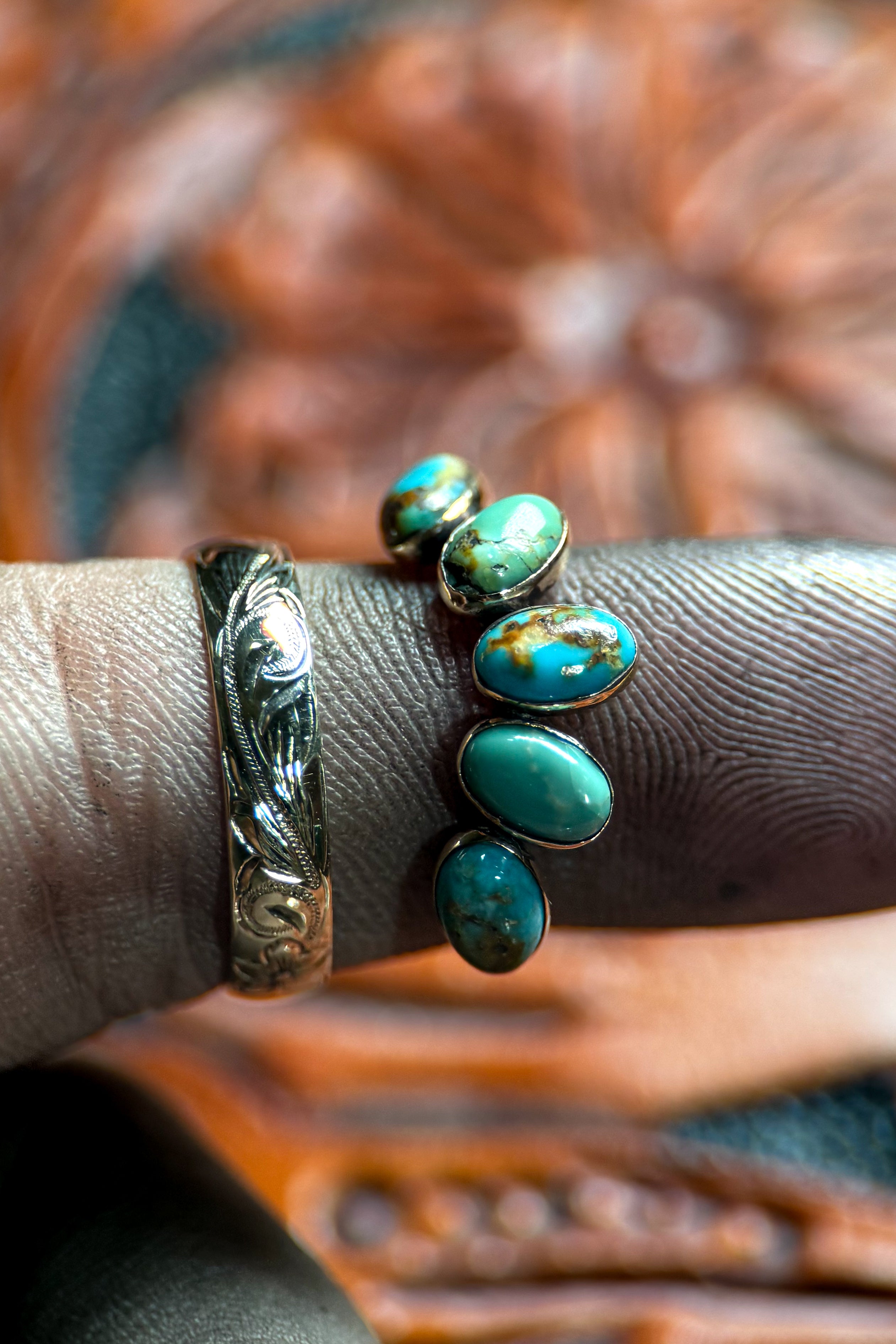 TURQUOISE 4 X 6 GOLD WEDDING BANDS.