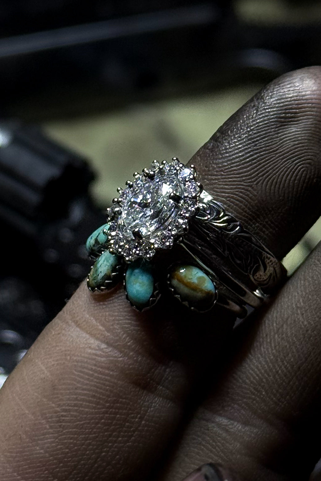 14K WHITE GOLD FANCY OVAL HALO SET.