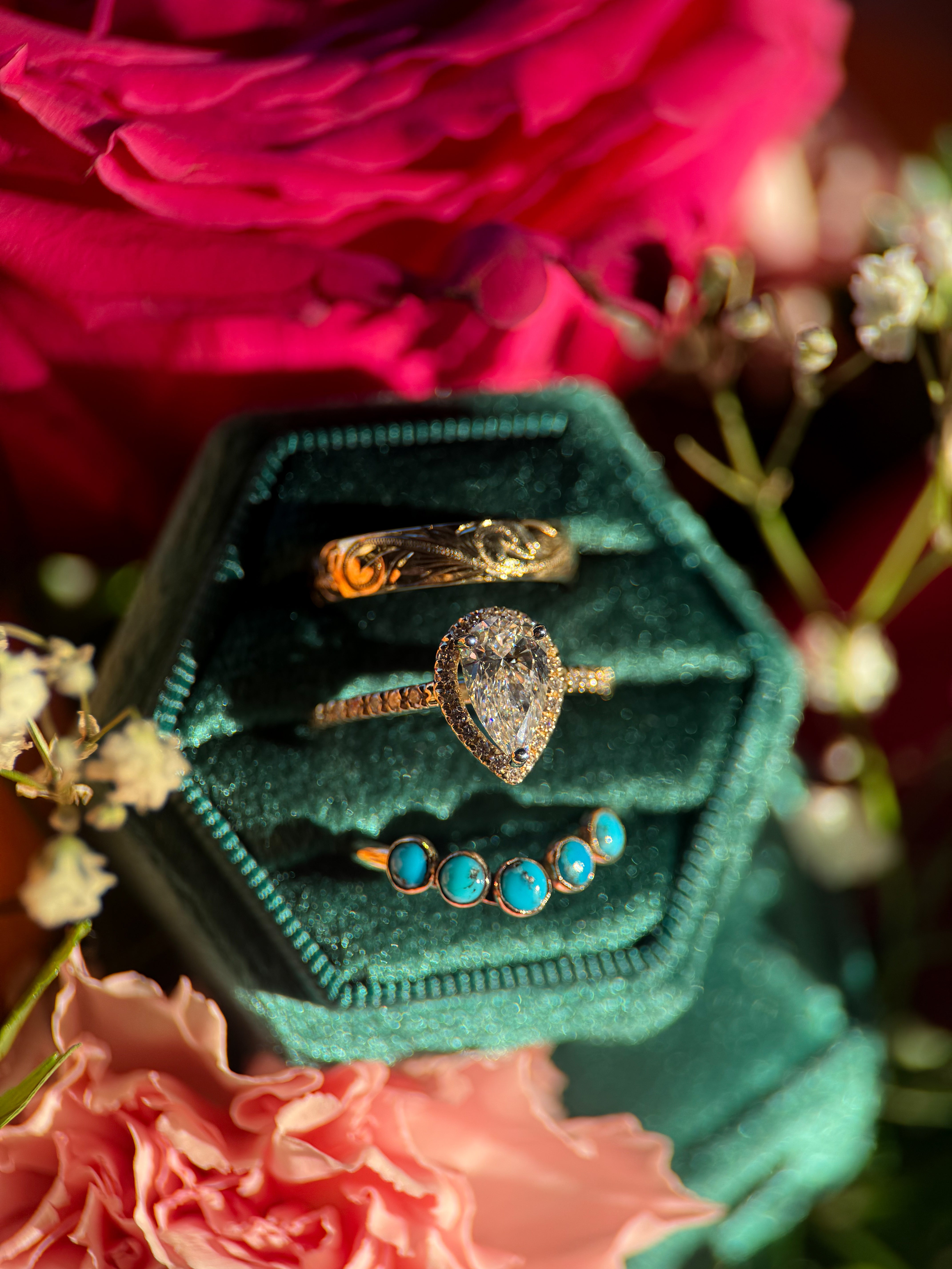 MOISSANITE PEAR HALO 14k YELLOW GOLD SET.