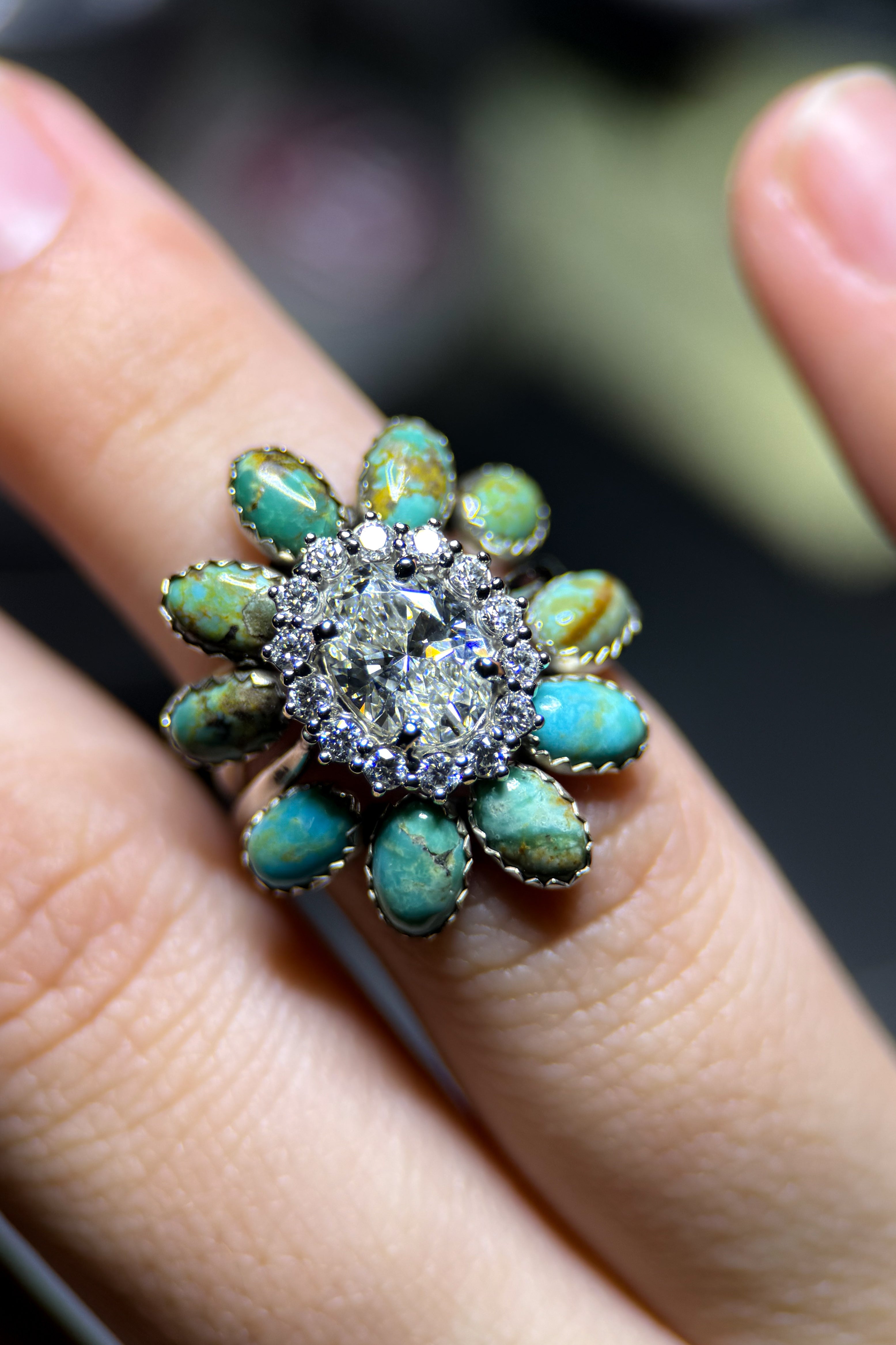 14K WHITE GOLD FANCY OVAL HALO SET.