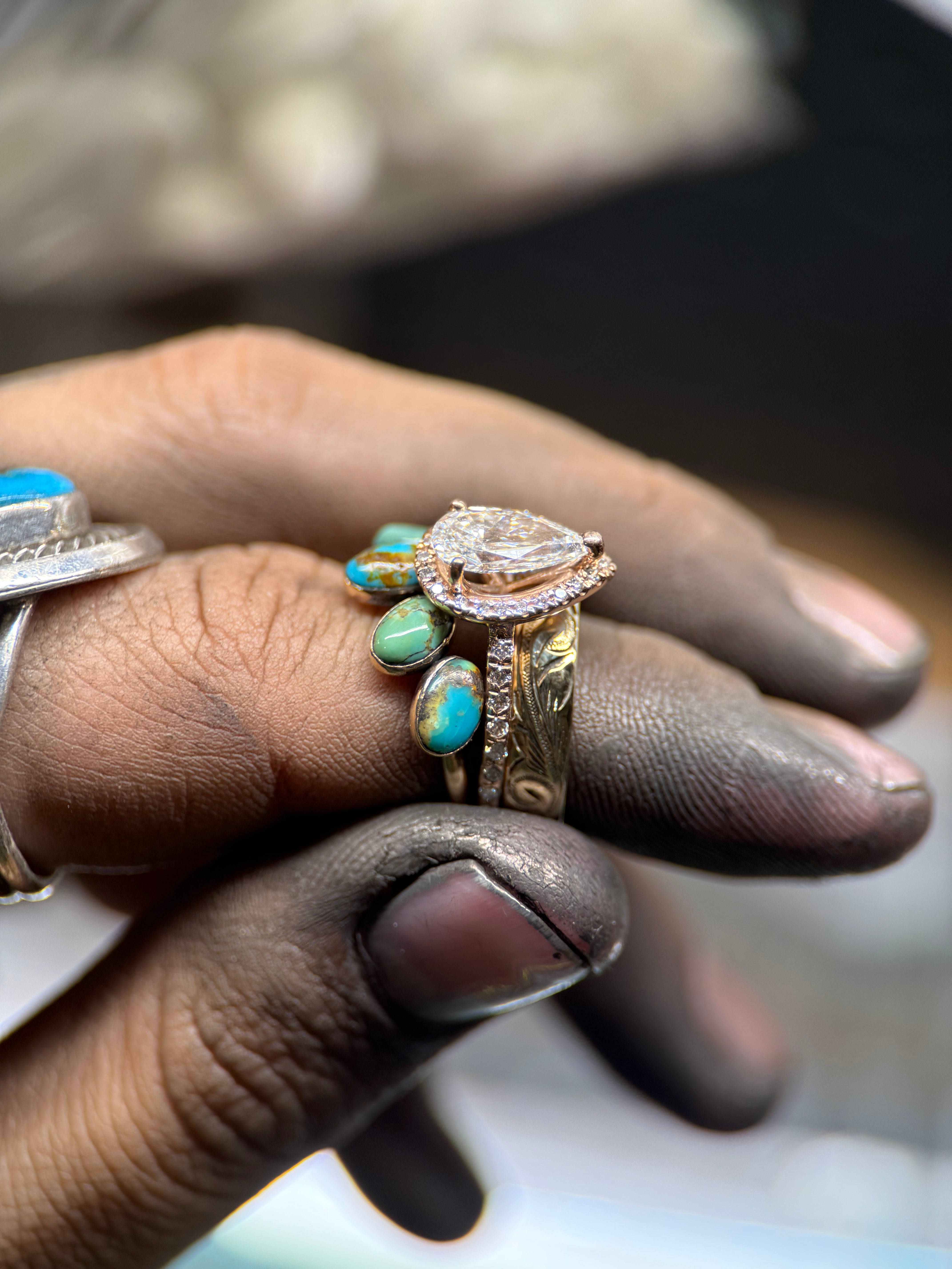 TURQUOISE 4 X 6 GOLD WEDDING BANDS.