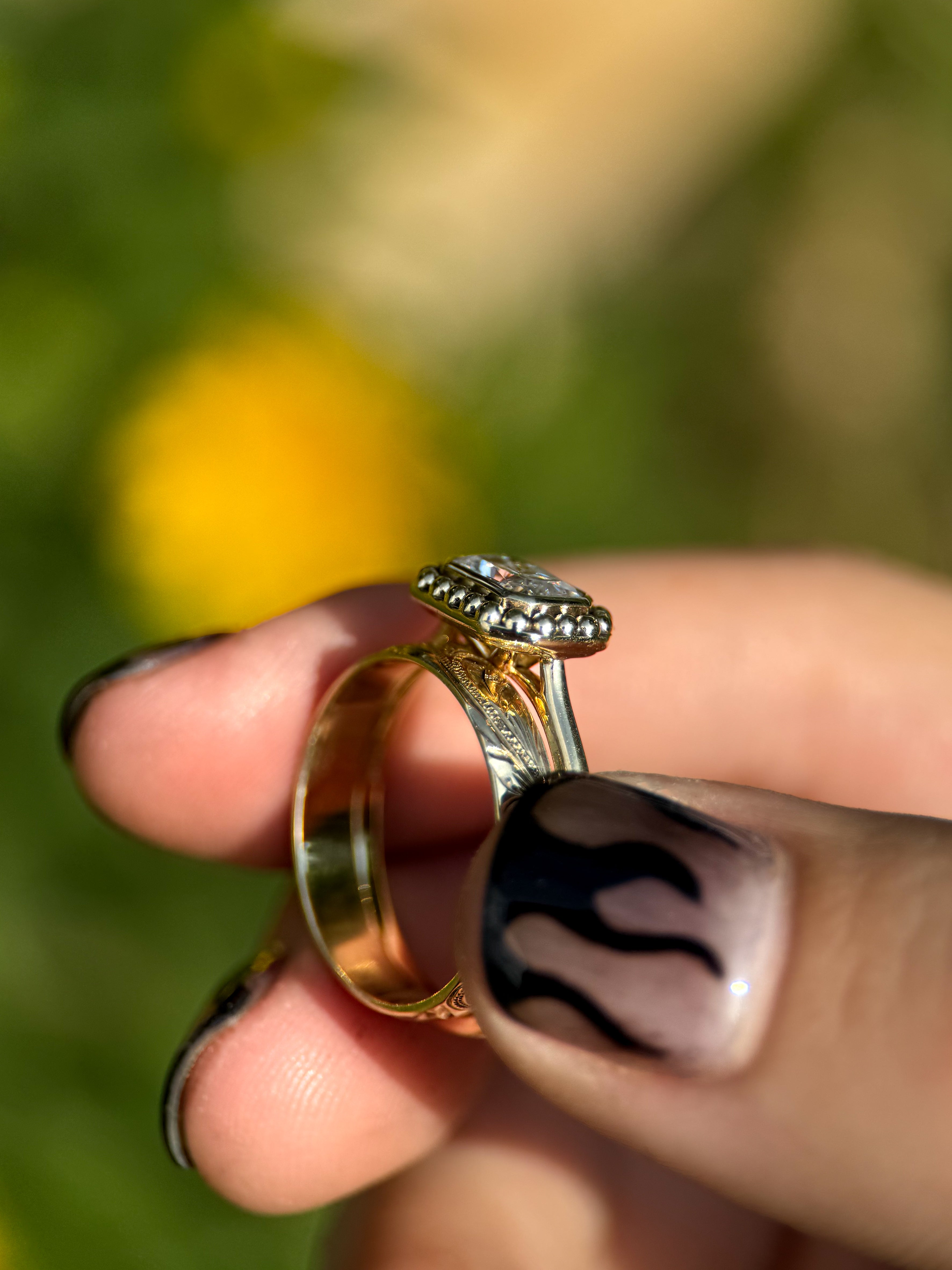 EAST WEST EMERALD MOISSANITE 14k YELLOW GOLD SET.