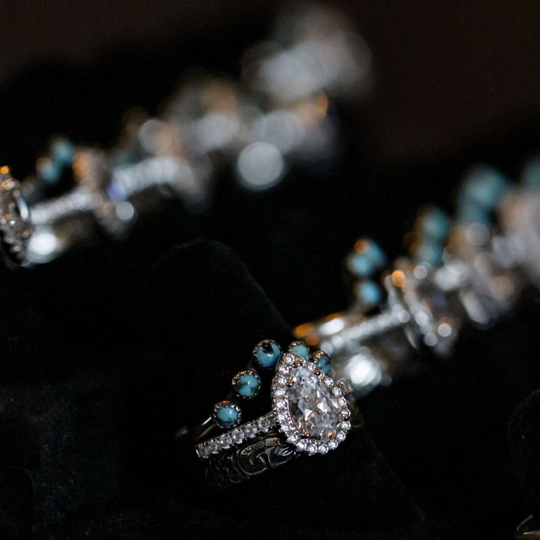 MOISSANITE PEAR HALO 14k WHITE GOLD SET.
