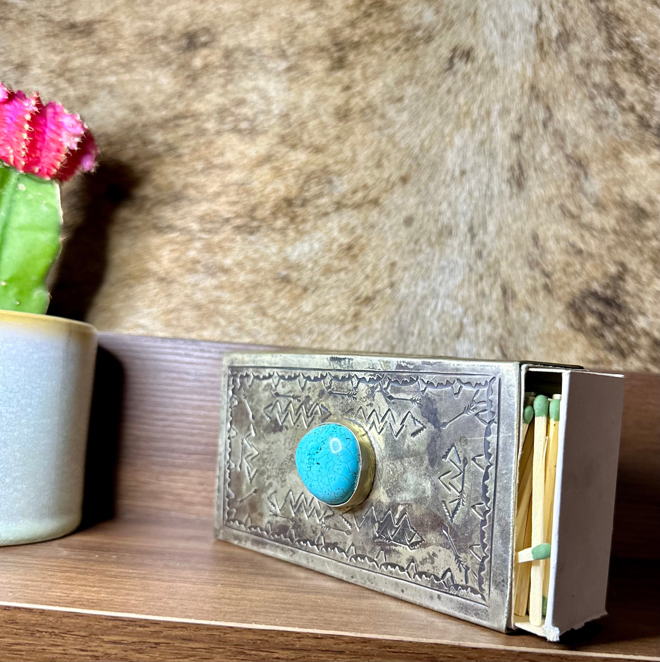 Silver & Turquoise Hand Stamped Matchbox.