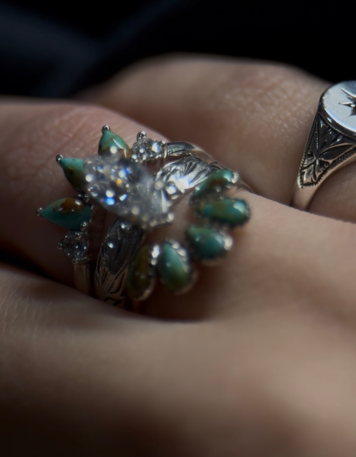 TURQUOISE & DIAMOND 2X3MM SILVER WEDDING BANDS.