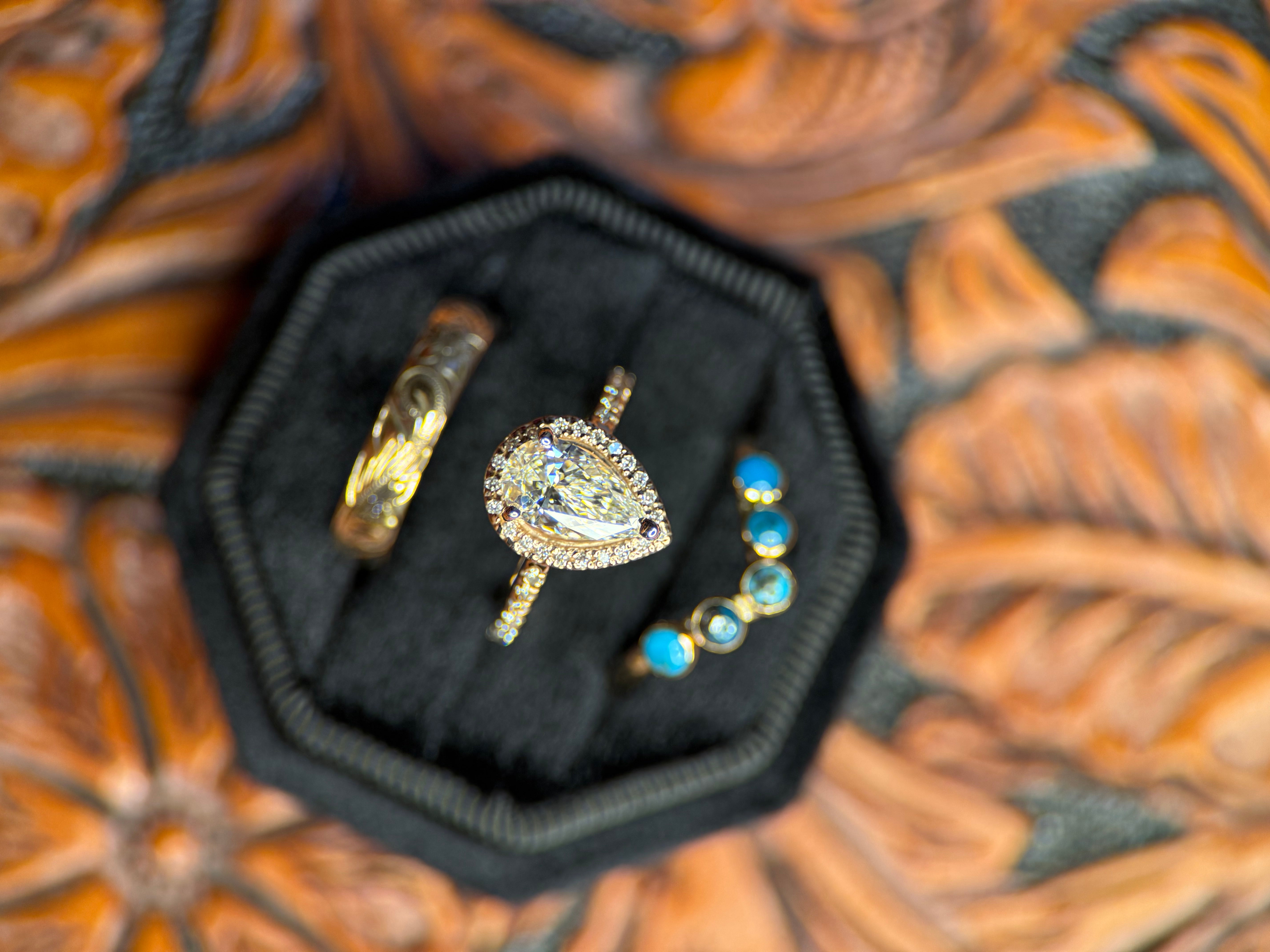 DIAMOND PEAR HALO 14k ROSE GOLD SET.