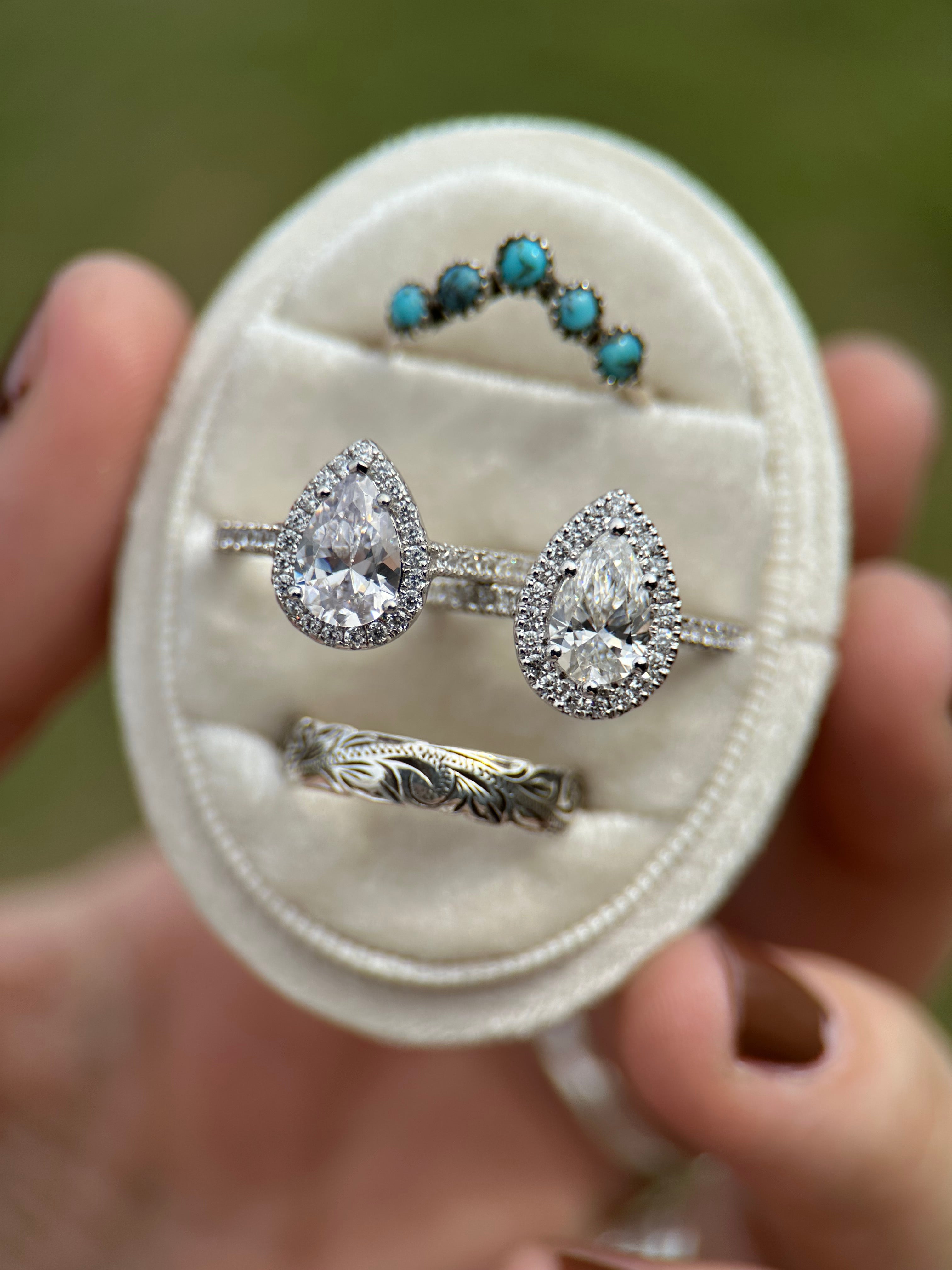 MOISSANITE PEAR HALO 14k WHITE GOLD SET.