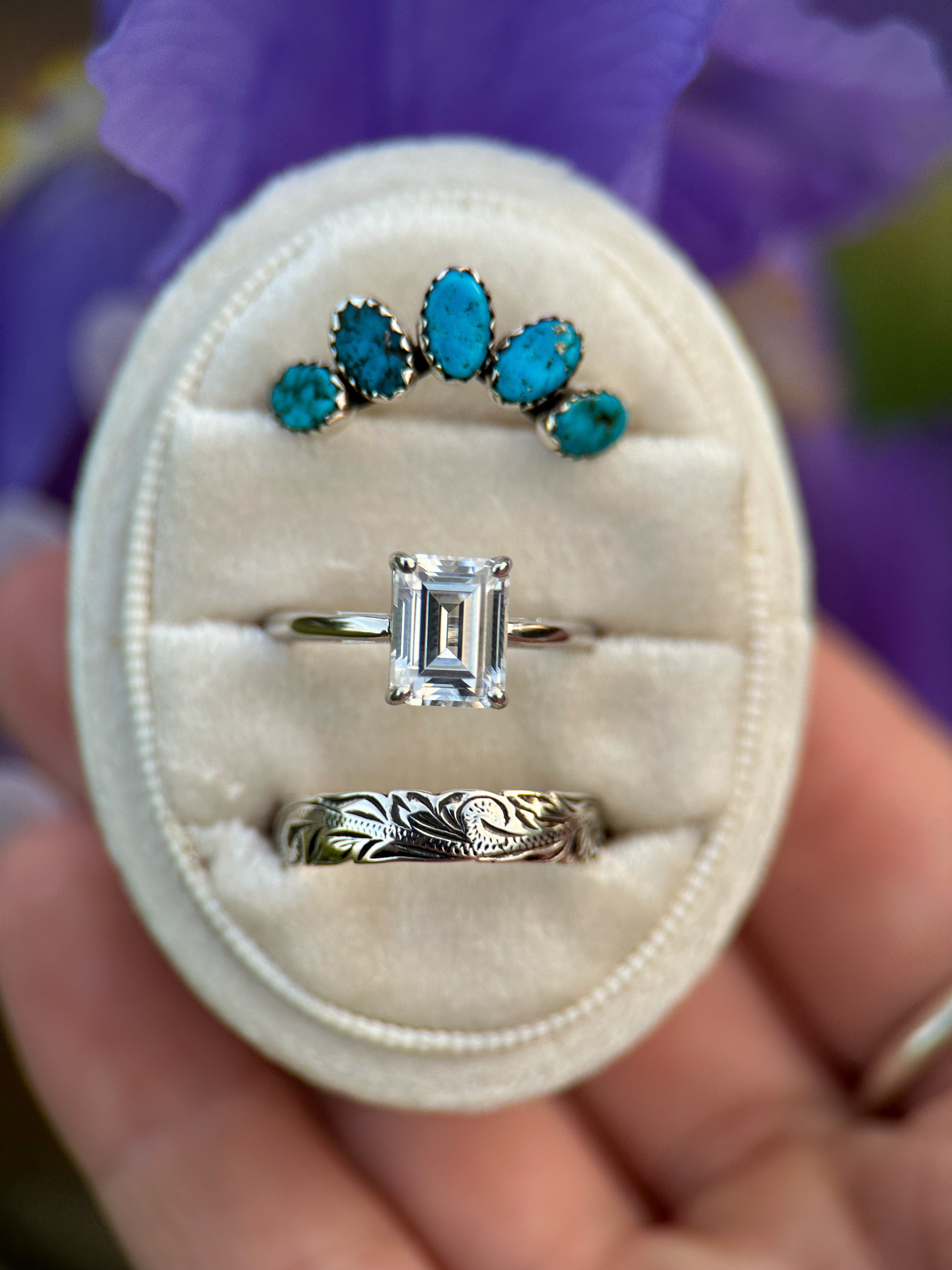 Solitaire Emerald Cut & Turquoise Engraved Band Custom Set. ￼￼