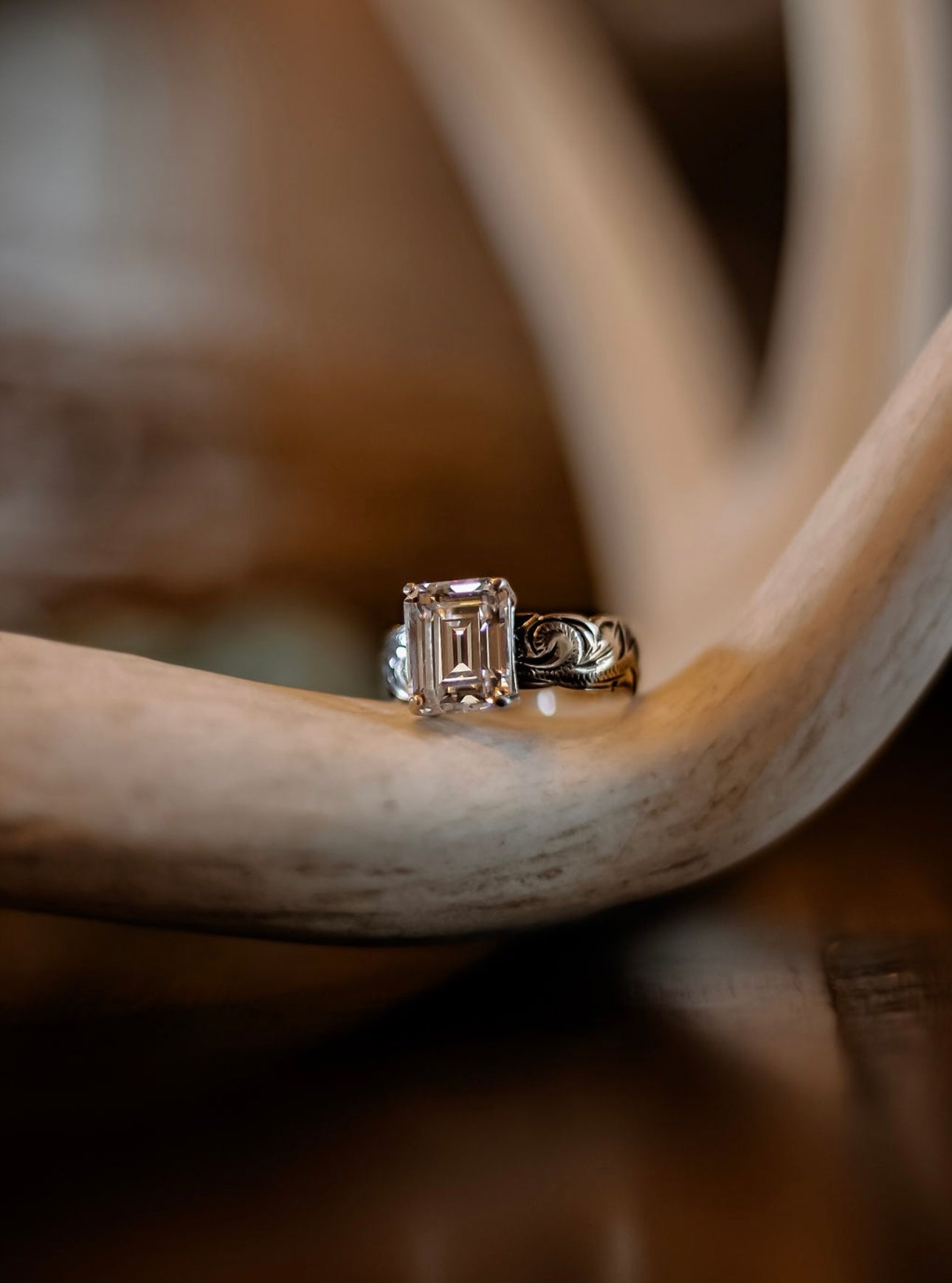 Emerald Cut Engraved Custom Engagement Ring.