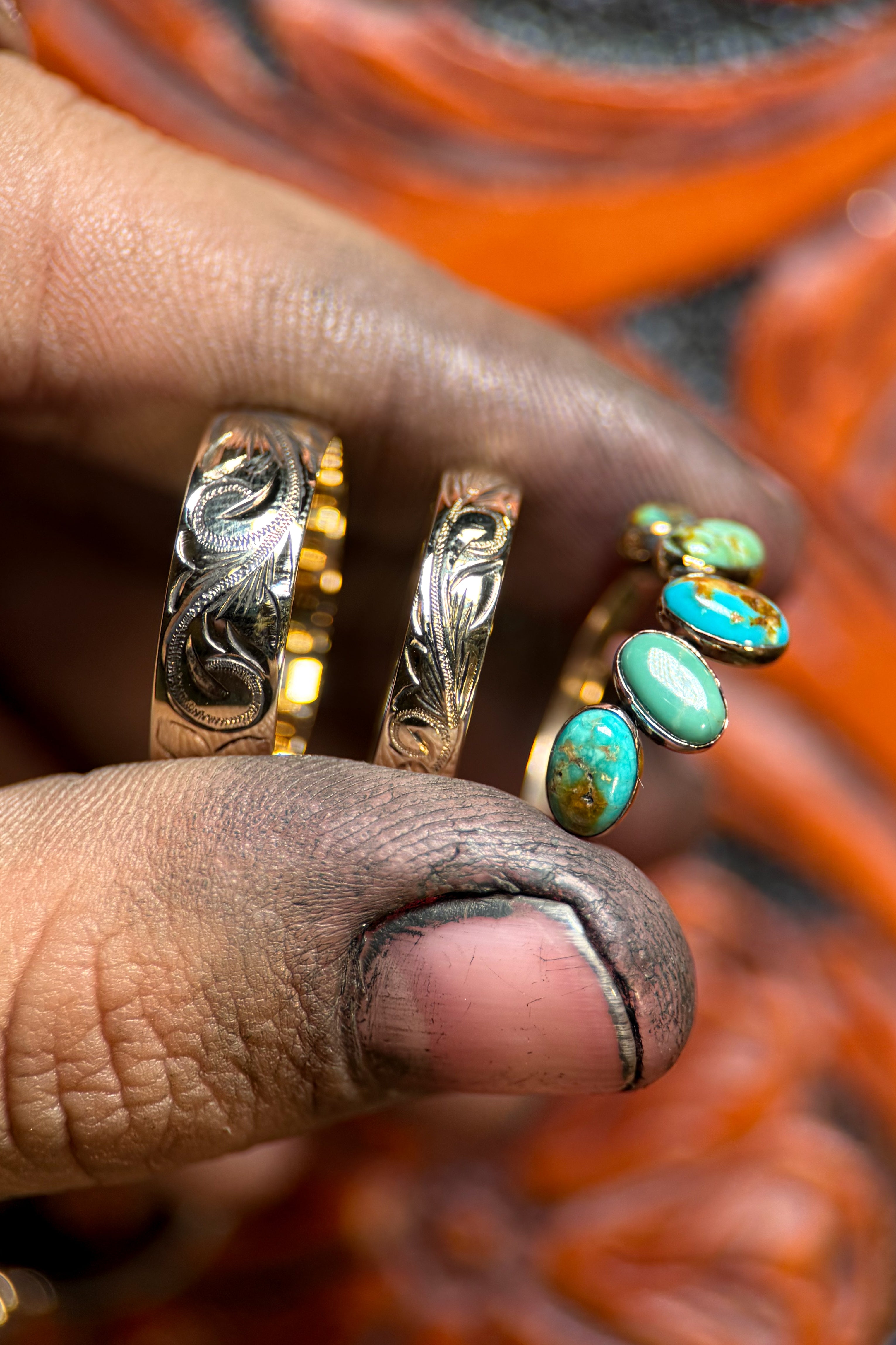TURQUOISE 4 X 6 GOLD WEDDING BANDS.