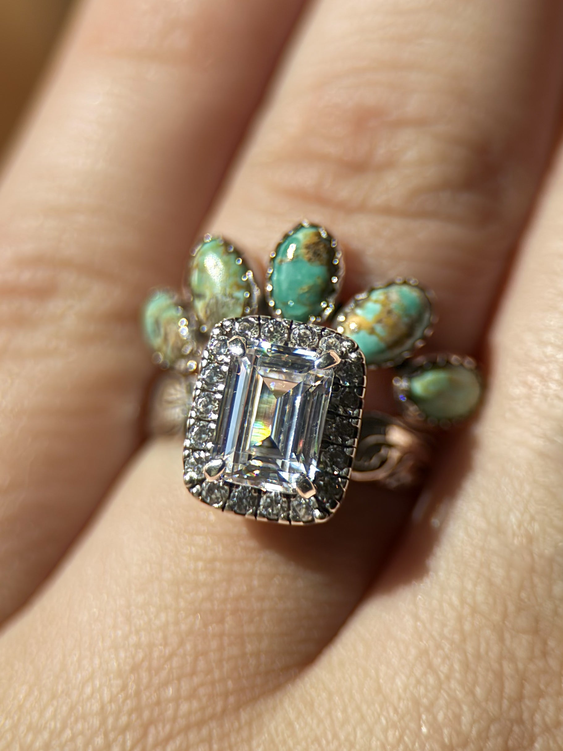 Emerald Cut Halo With Oval Kingman Custom Wedding Set.