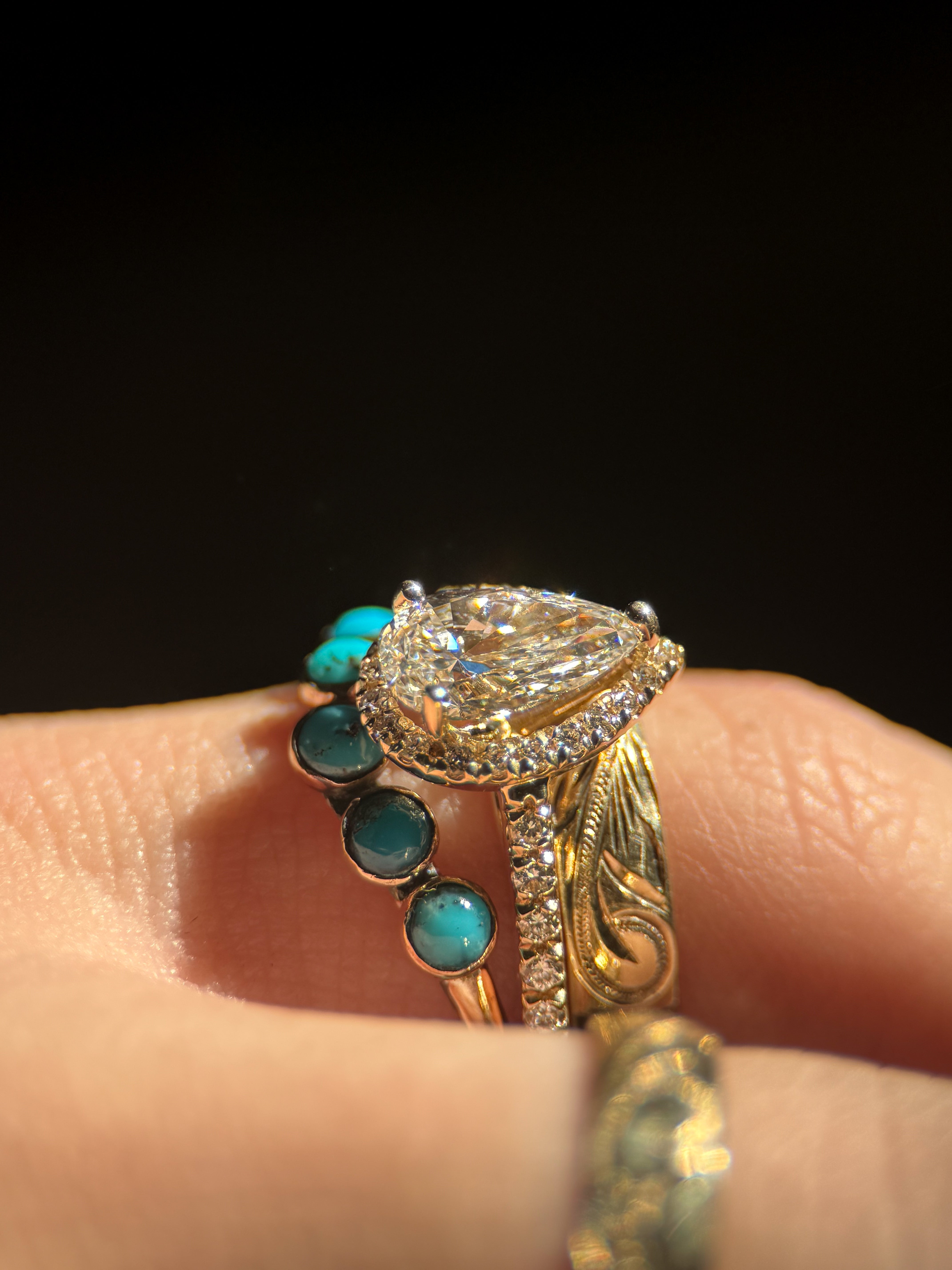 MOISSANITE PEAR HALO 14k YELLOW GOLD SET.