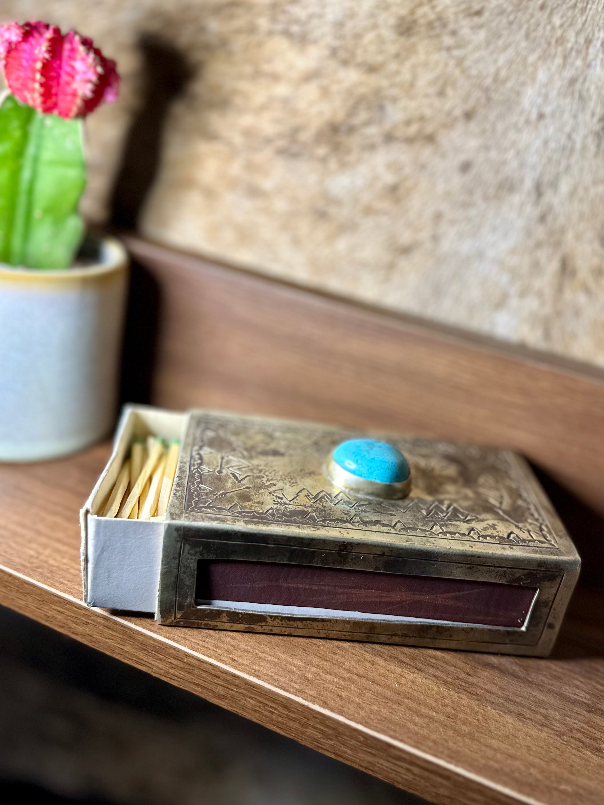 Silver & Turquoise Hand Stamped Matchbox.