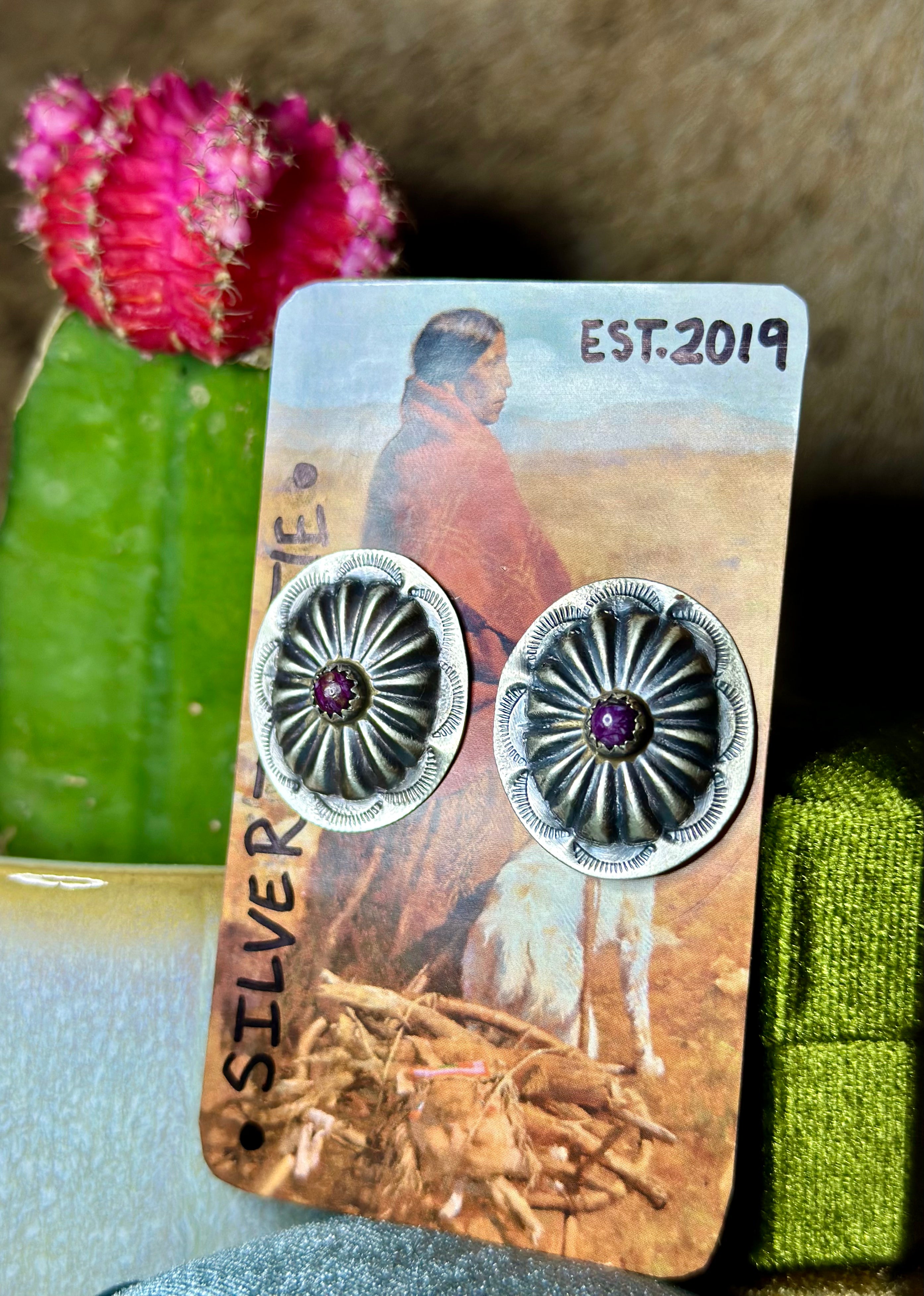 Spiny Oyster Purple, Hand Stamped Concho Earrings.