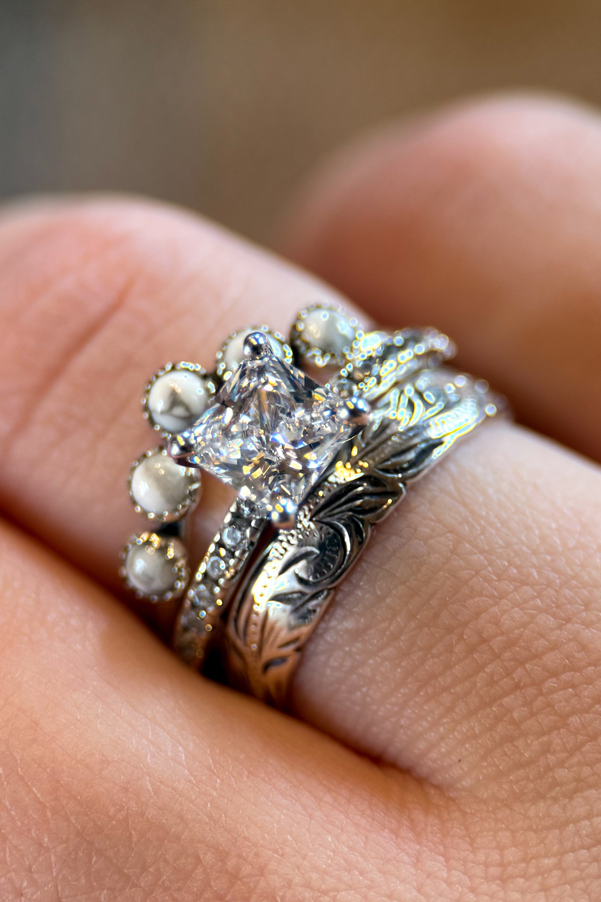 Princess Cut, Engraved & Stone Of Choice On Turquoise, Wedding Set.