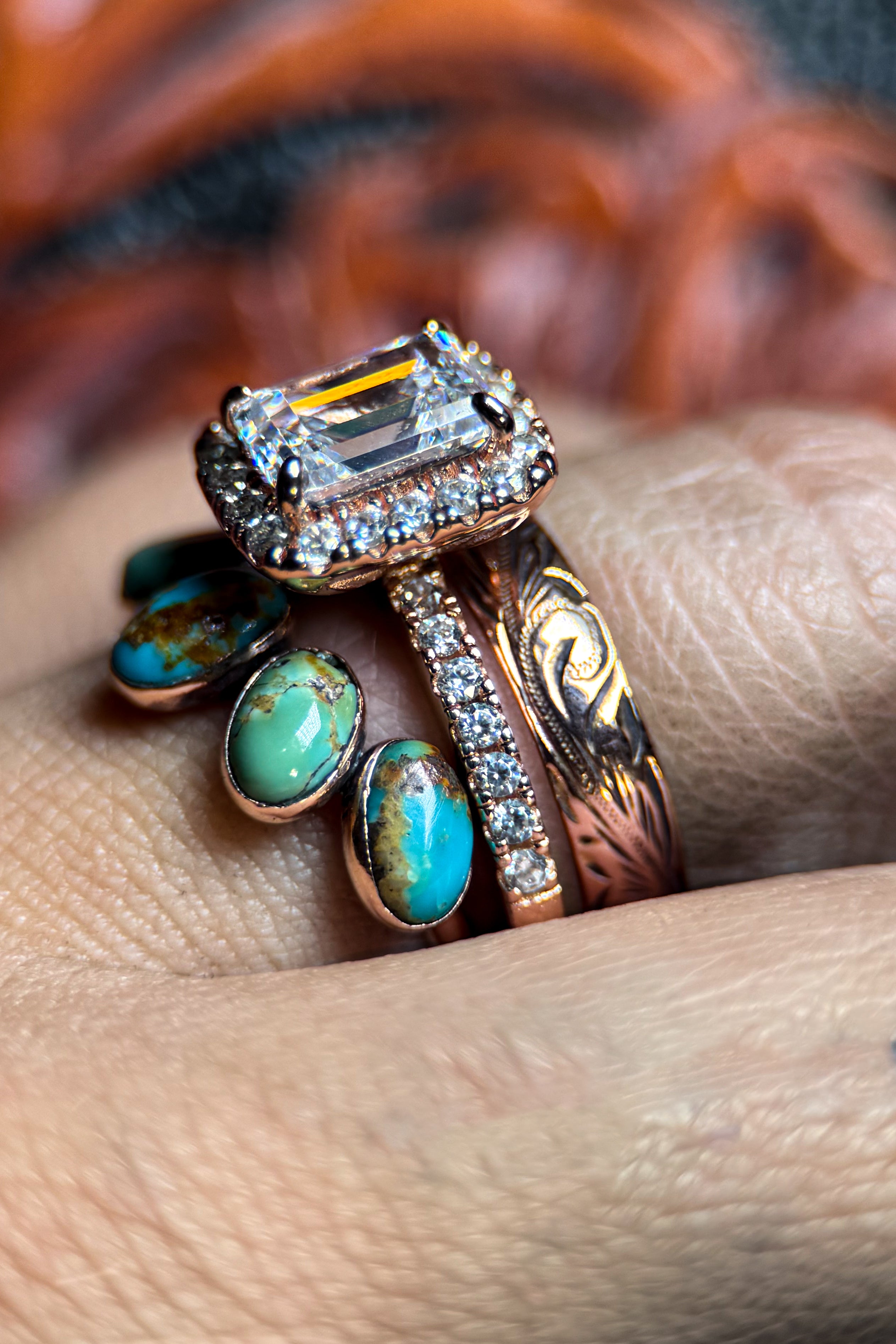 DIAMOND EMERALD HALO 14k ROSE GOLD SET.