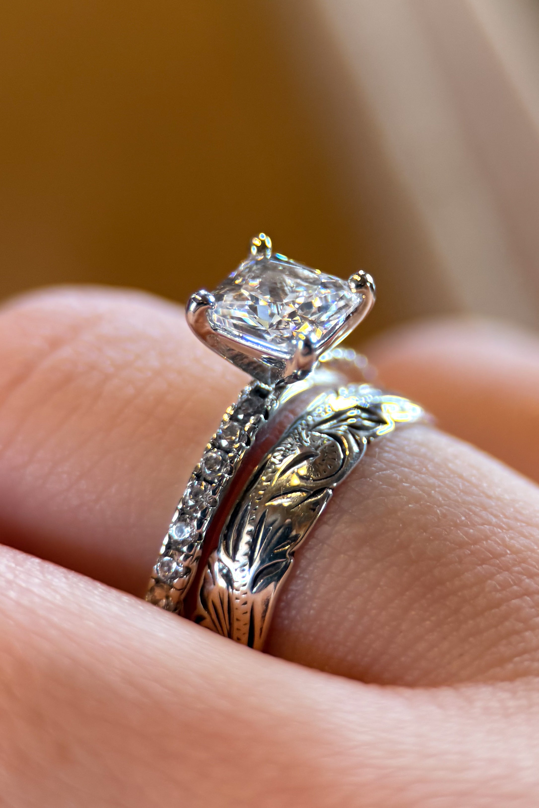Princess Cut, Engraved & Stone Of Choice On Turquoise, Wedding Set.