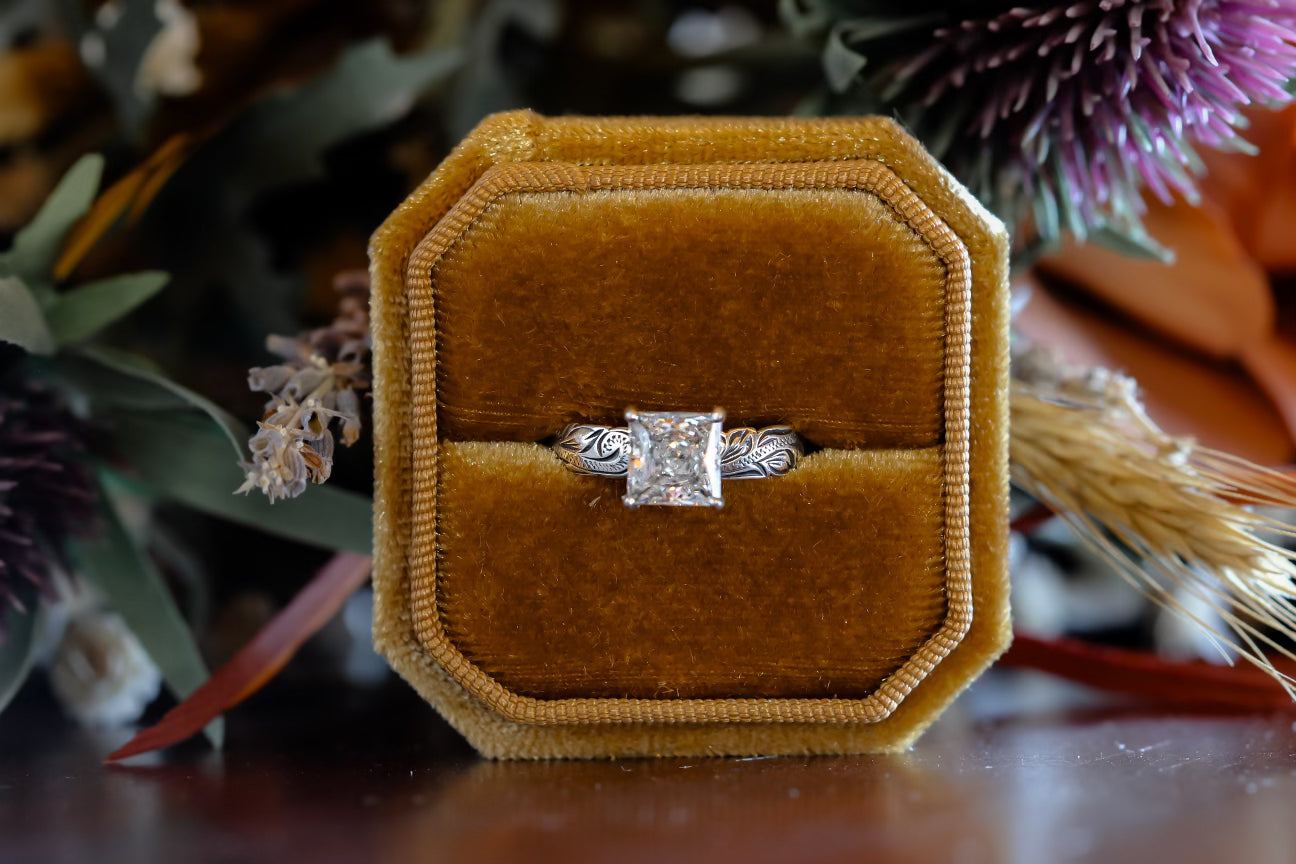 Princess Cut Fully Engraved Custom Engagement Ring.