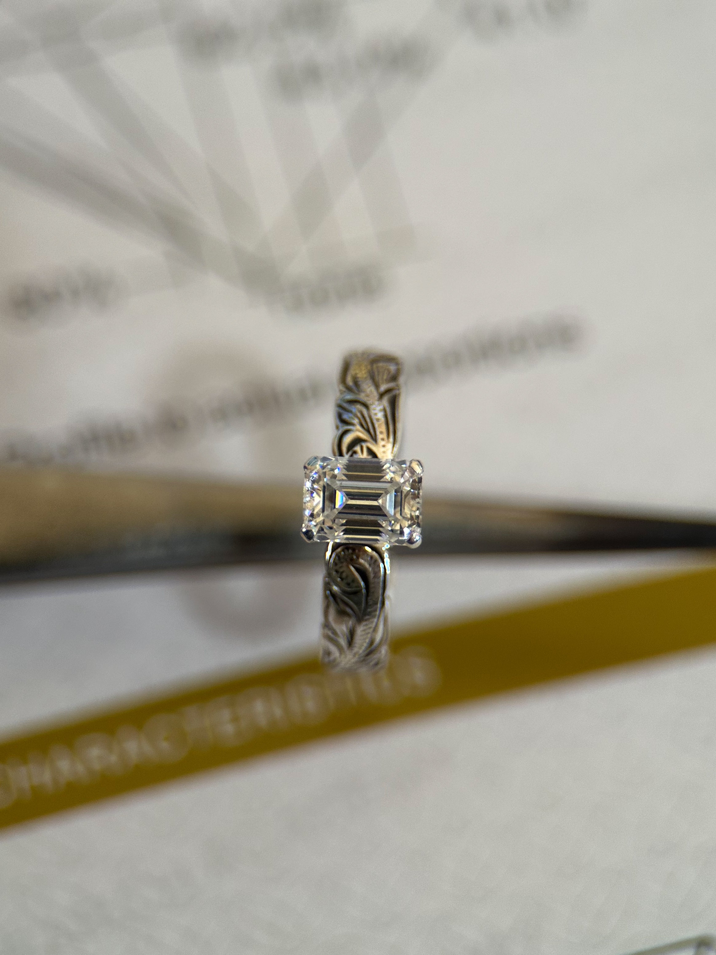 MOISSANITE Emerald Cut Fully Engraved Custom Engagement Ring.