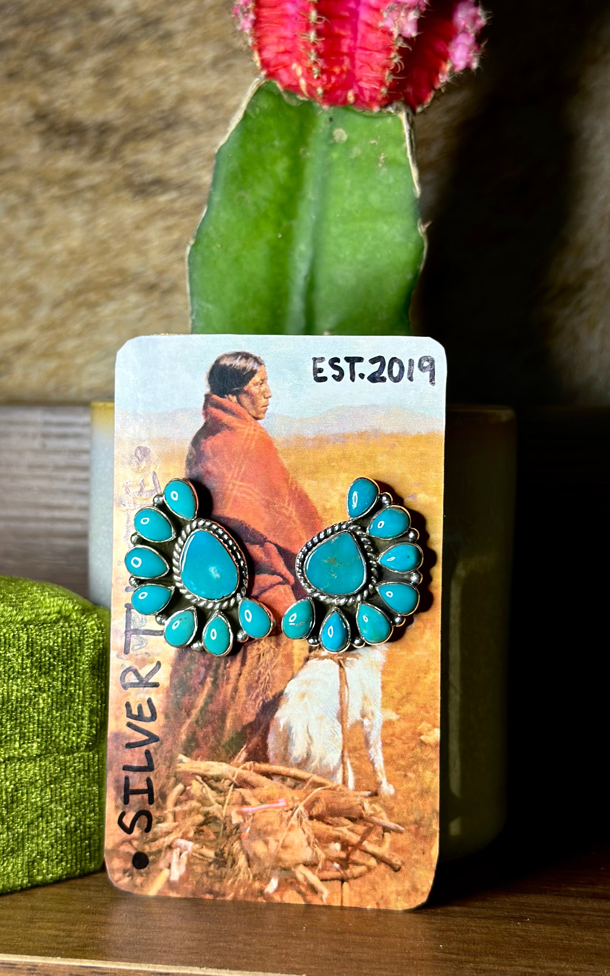 Turquoise & Sterling Silver Cluster Earrings.