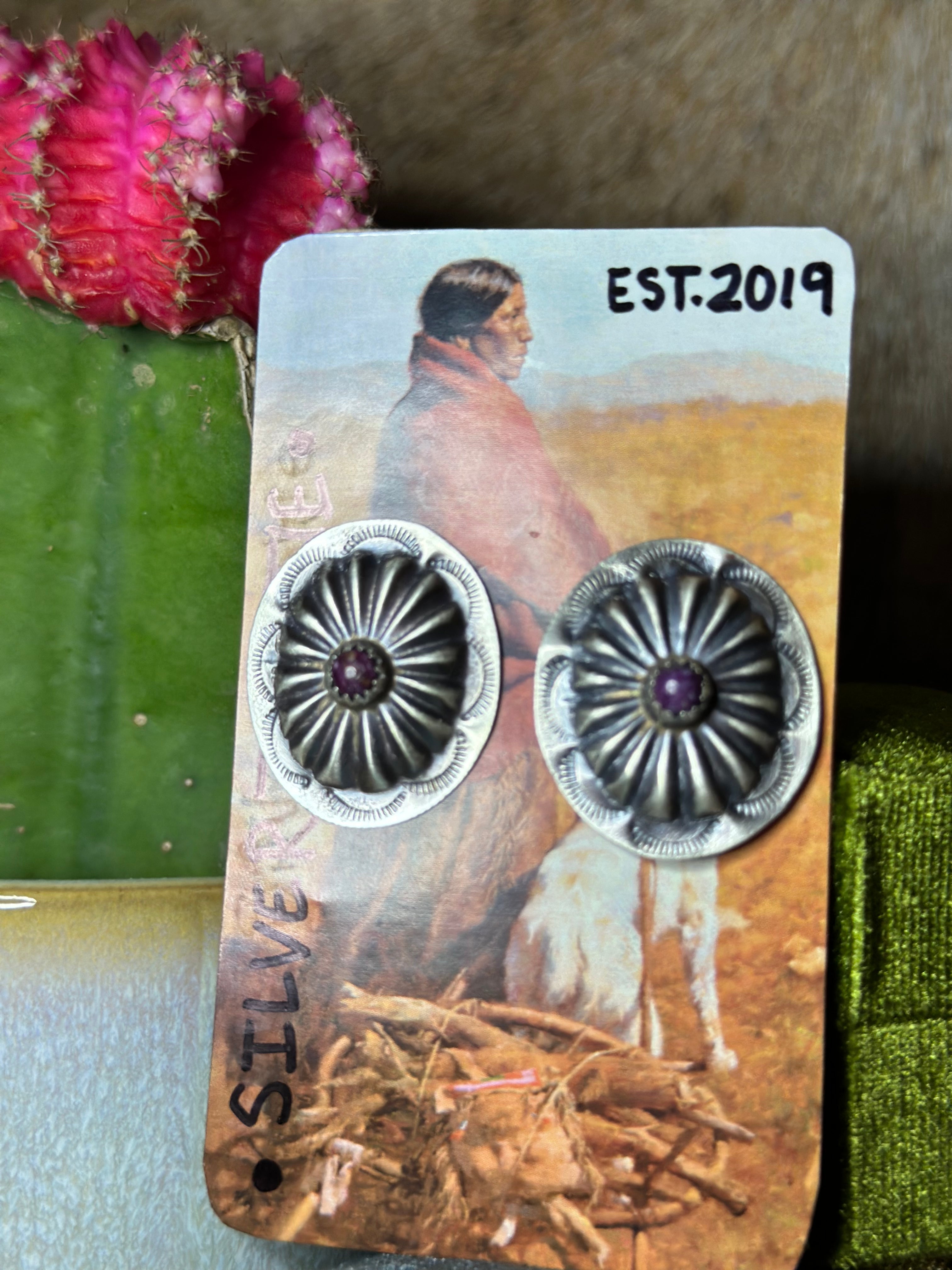 Spiny Oyster Purple, Hand Stamped Concho Earrings.