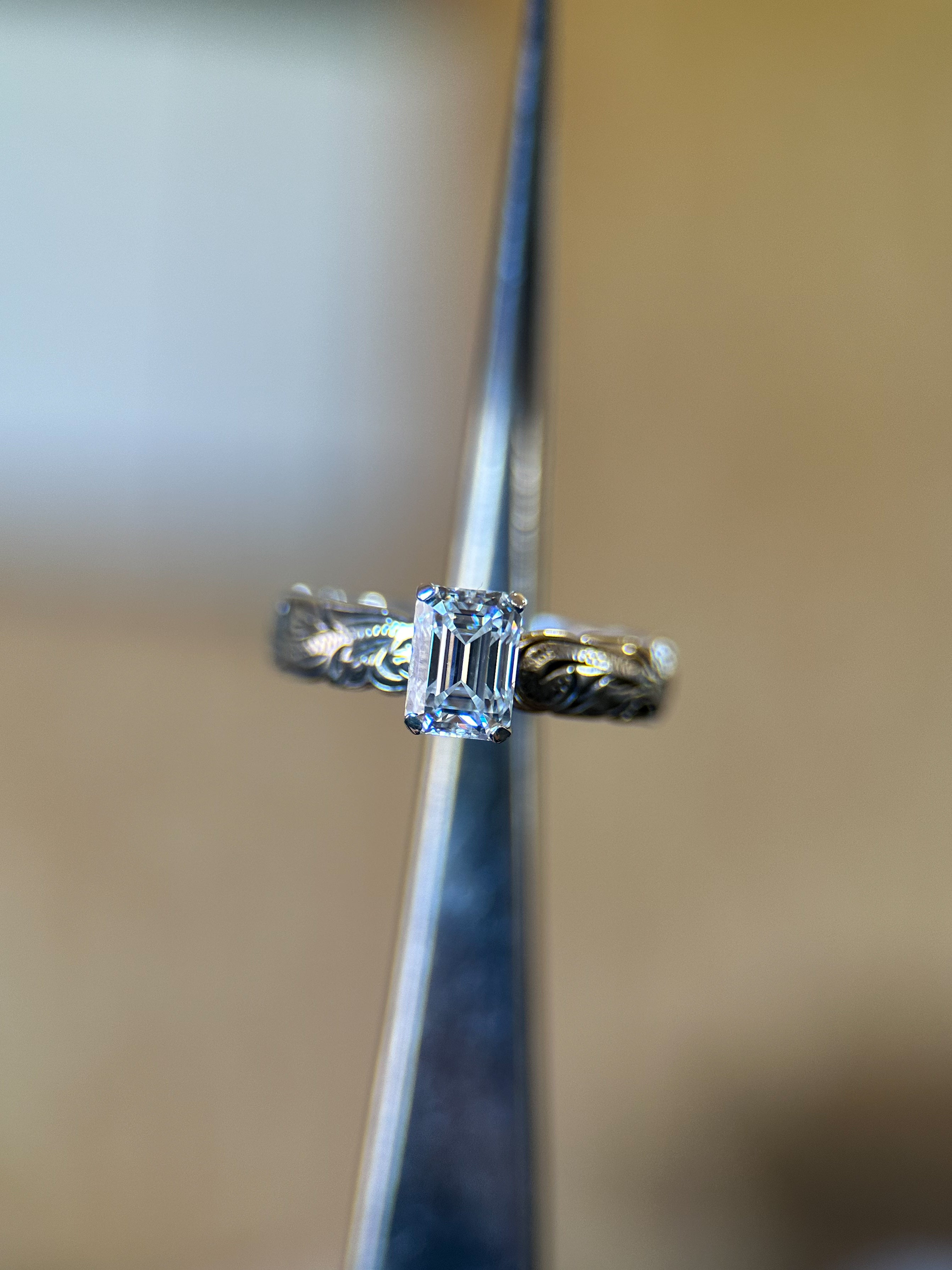 MOISSANITE Emerald Cut Fully Engraved Custom Engagement Ring.