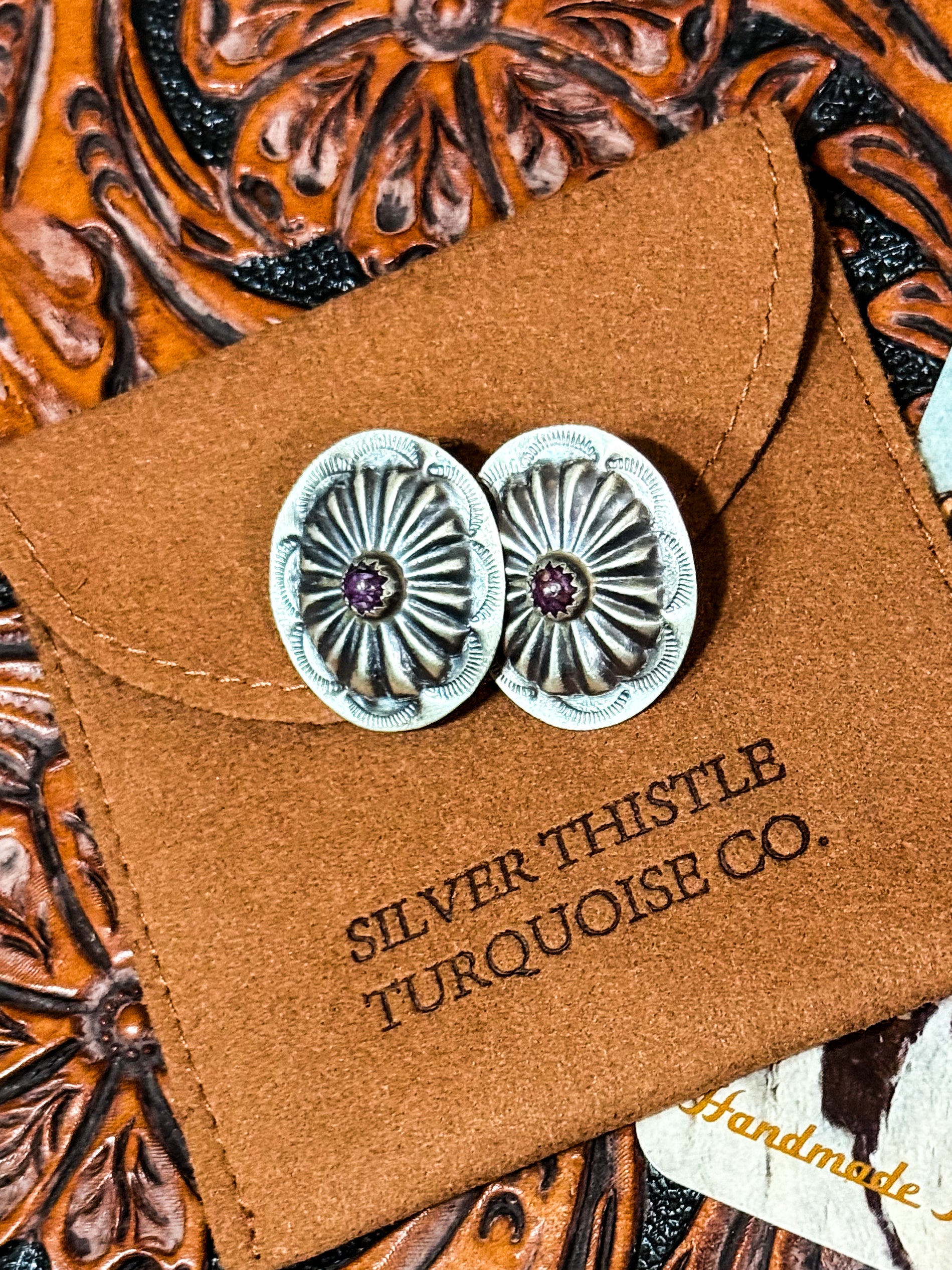 Spiny Oyster Purple, Hand Stamped Concho Earrings.