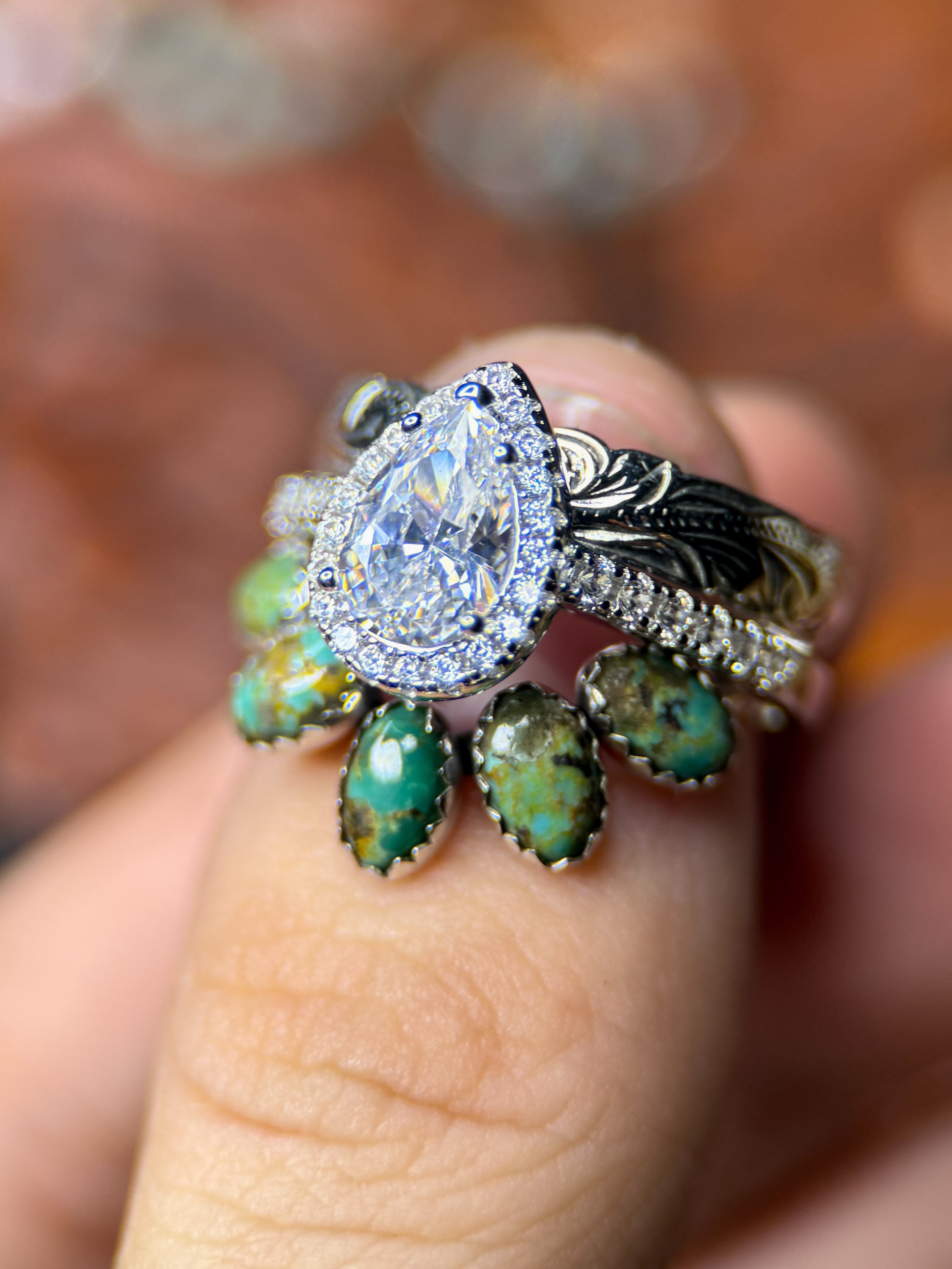 Pear Halo, Oval Kingman, Engraved Wedding Set.