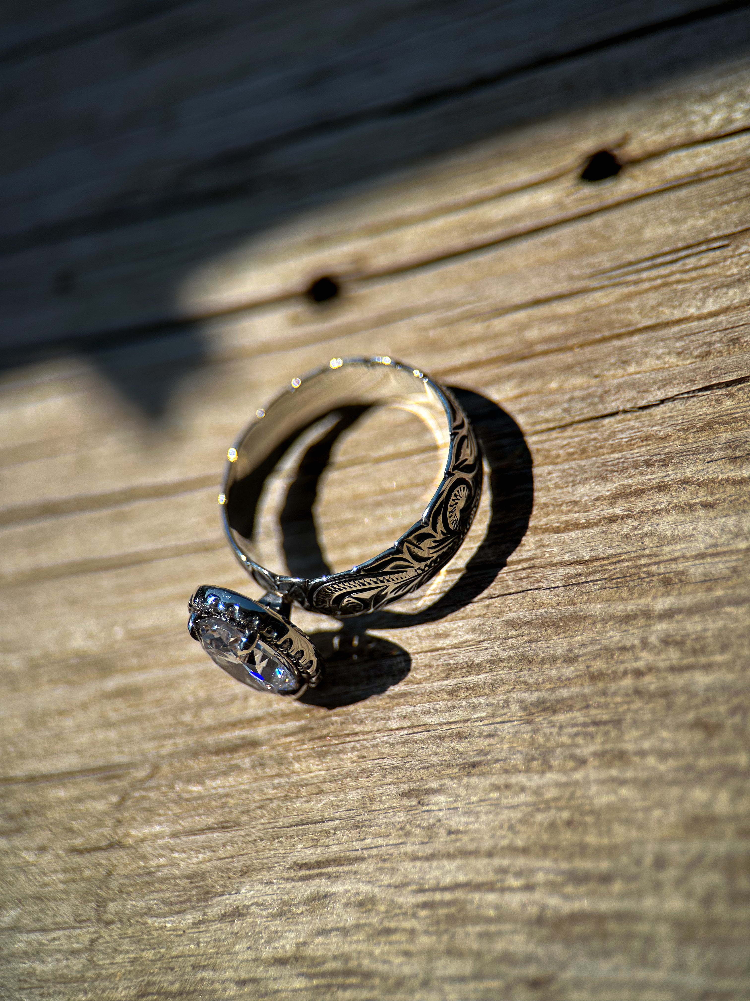 Oval Halo Engraved Custom Engagement Ring.