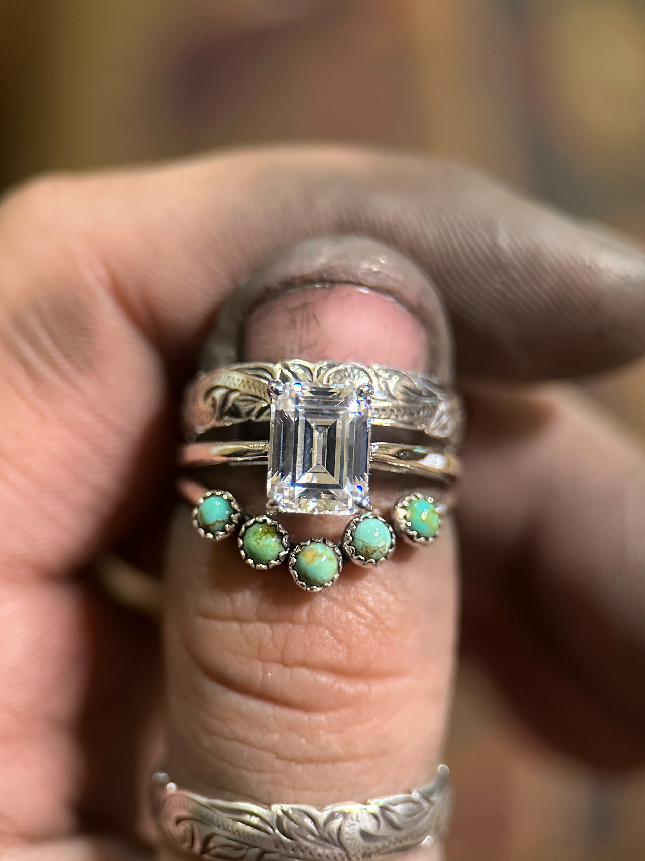 Emerald Cut Solitare With Green Matrix Kingman & Engraved Custom Set.