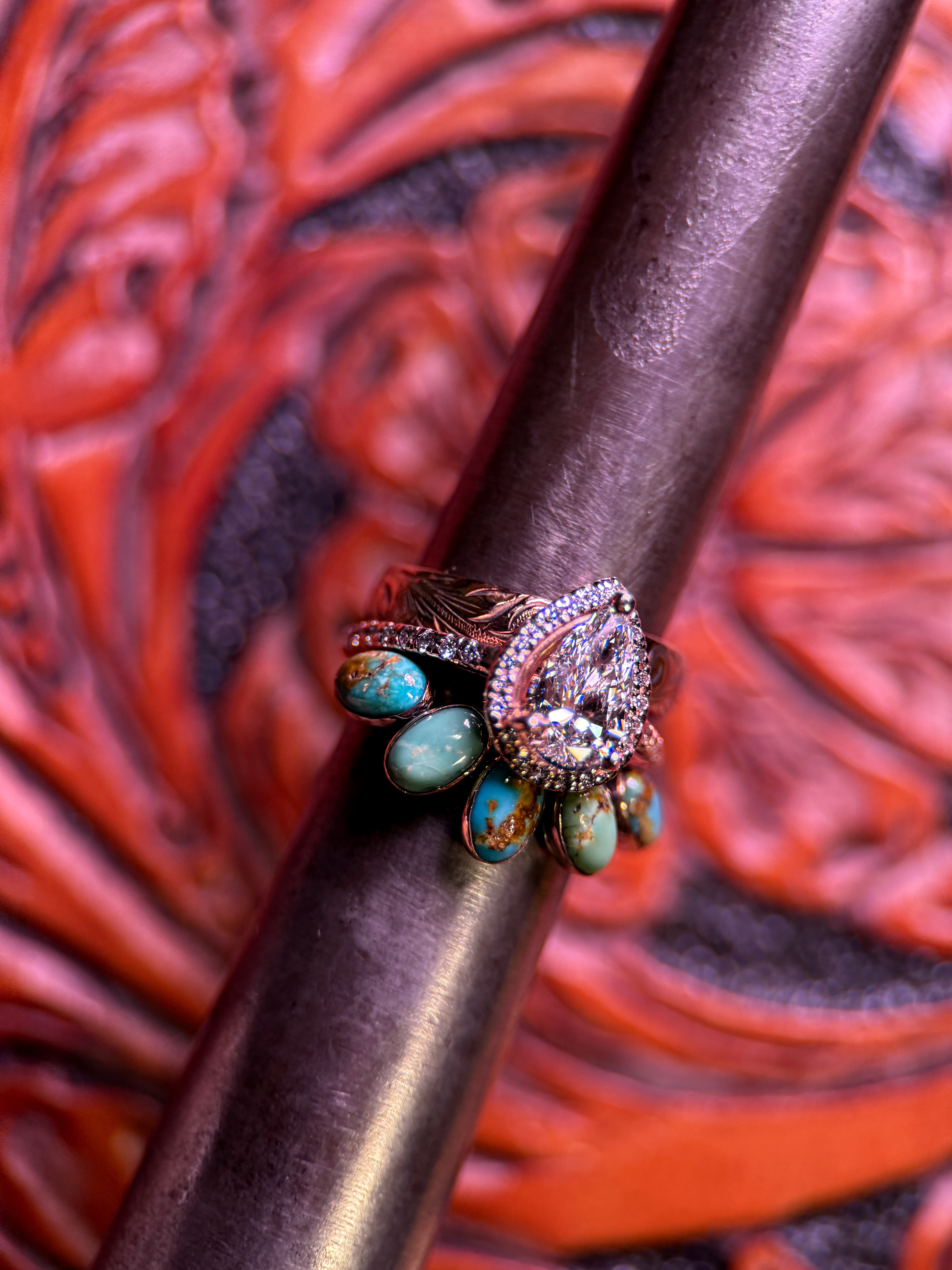 MOISSANITE PEAR HALO 14k ROSE GOLD SET.