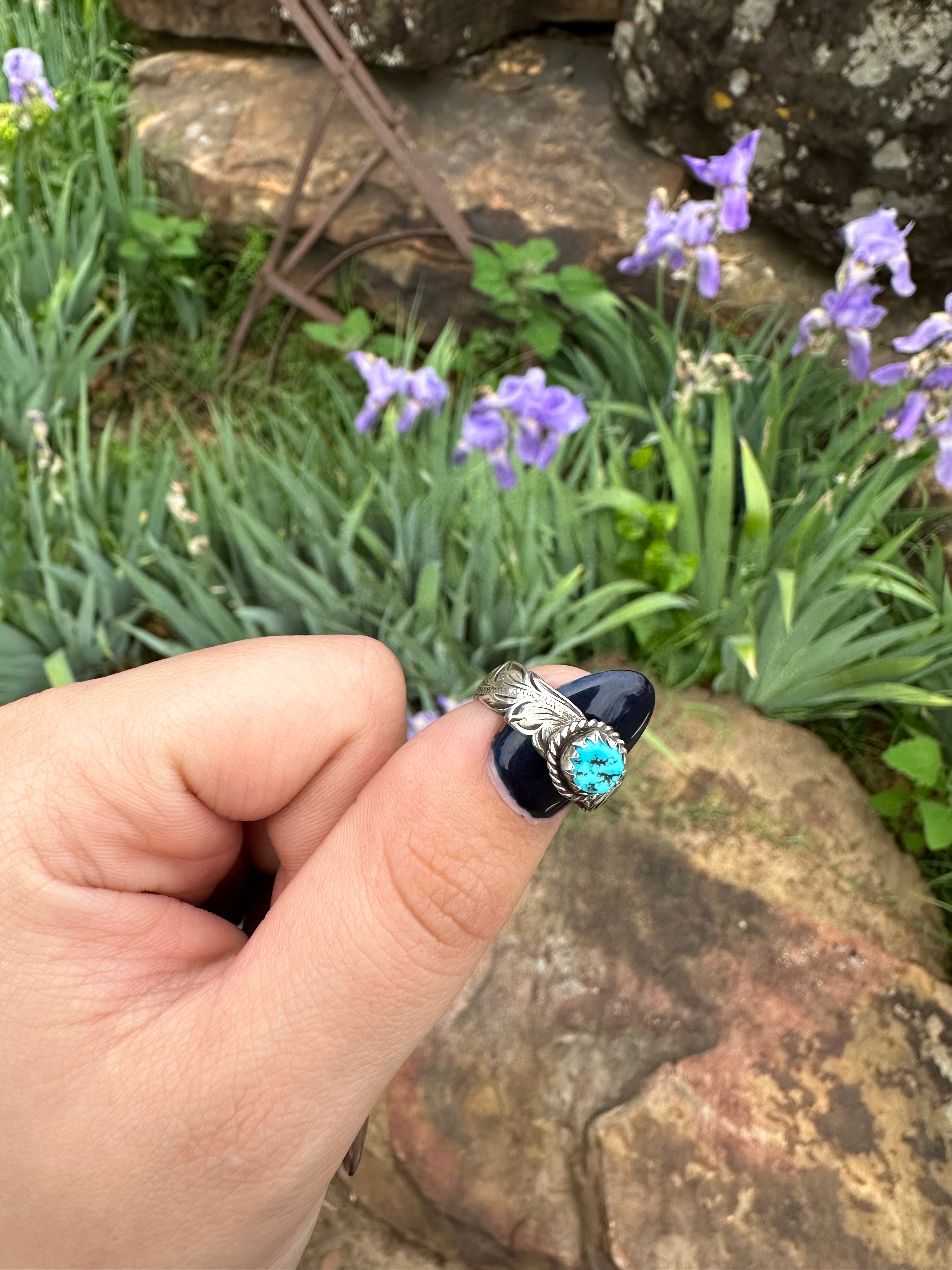 Fully Engraved Kingman Turquoise Custom Ring.